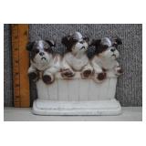 Vtg Cast Iron Doorstop '3 Bulldog Puppies In Tub'