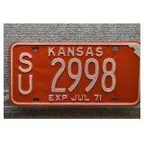 1971 Vtg Kansas License Plate, SU County