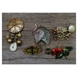 5 Gold tone Enameled Brooches