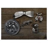 5 Silver Tone Brooches, Sarah Cov, etc