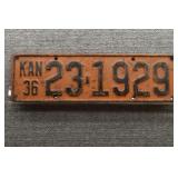 1936 Vtg Kansas License Plate
