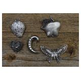 5 Silver Tone Brooches, Sarah Cov, Marino, etc