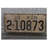 1939 Vtg Kansas License Plate