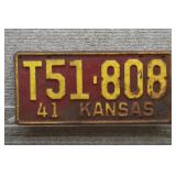 1941 Vtg Kansas License Plate