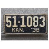 1938 Vtg Kansas License Plate