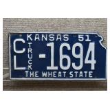 1951 Vtg Kansas License Plate, State Cutout