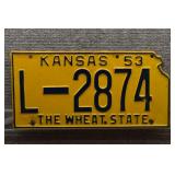 1953 Vtg Kansas License Plate, State Cutout
