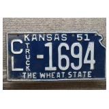 1951 Vtg Kansas License Plate, State Cutout