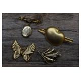 4 Gold Tone Brooches, One has a Locket