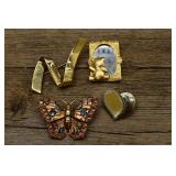 4 Gold Tone Brooches, One has a Mirror