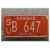 1974 Vtg Kansas License Plate, SU County