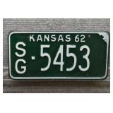 1962 Vtg Kansas License Plate, SG County