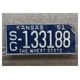 1951 Vtg Kansas License Plate, State Cutout