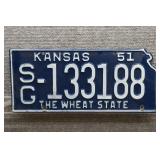 1951 Vtg Kansas License Plate, State Cutout