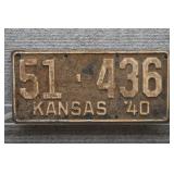 1940 Vtg Kansas License Plate
