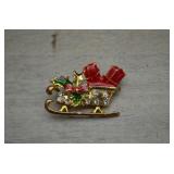 Enameled Christmas Brooch w/Rhinestones