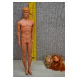Vtg 1968 Mattel Ken Doll & Two Doll Heads