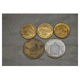 Five Vtg Commemorative Tokens & Good Luck Medals