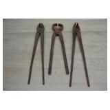 Three Antique Hand-Forged Iron Tongs