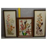 Vintage Crewel Embroidery Floral Art Trio Set