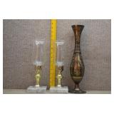 Vtg Hand-Etched Brass Vase & Pair of Table Lamps