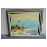 Framed Vtg Lighthouse Coastal Oil Painting