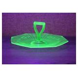 Vtg Uranium Glass Octagon Center Handle Tray