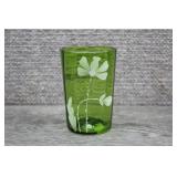 Vtg Green Hand Painted White Enamel Flower Tumbler