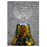 Vtg Bohemian Glass Green w/Gold Bell Ornament