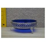 Vtg Cobalt Glass Dish w/Chromed Footed Base