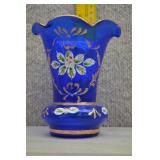 Bohemian Cobalt Glass Vase w/Painted Floral Motifs