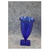 Vtg Cobalt Parfait Glass w/Ruffled Rim Square Base