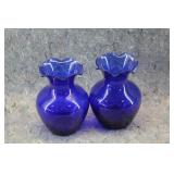 Vtg Cobalt Glass Vases w/Ruffled, Fluted Rim.