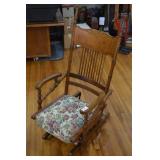 Antique Oak Wood Glider Rocker w/Floral Seat