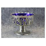 Vtg Cobalt Blue Glass Pedestal Bowl Silver Plate