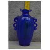 1950s Czech Glass Novy Bor Blue Scroll Handle Vase