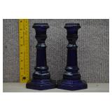 Pair Vtg Cobalt Blue Glass Hexagonal Candlestick