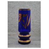 Bohemian Cobalt Blue Glass Gold Iris Flower Vase