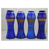 Set of 4 Vtg Cobalt Blue Glass Enameled Vases