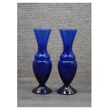 Pair Vtg Cobalt Blue Hand Blown Glass Vases