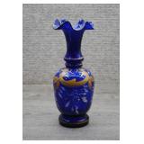 Vtg Bohemian Cobalt Blue Glass Gold Enameled Vase