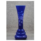 Cobalt Blue Hand Painted White Floral Glass Vase