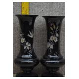 Antiq Victorian Black Glass Vase w/Floral Designs.