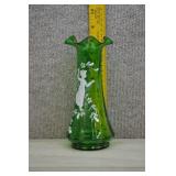 Mary Gregory Style Green Glass Bud Vase