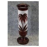 Frosted White Vase w/Ruby Accents & Etched Design