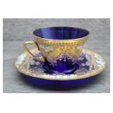 Vtg Murano Cobalt Blue Gold Gilt Cup & Saucer