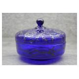 Czech Cobalt Blue Glass Silver Overlay Trinket Box