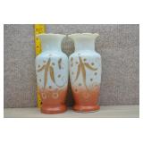 Vtg White Glass Vases w/Gold & Orange Designs