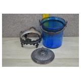 Antiq Etched Cobalt Glass Biscuit Jar w/Lid & Base