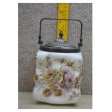 Antique Wave Crest Rose Painted Glass Biscuit Jar